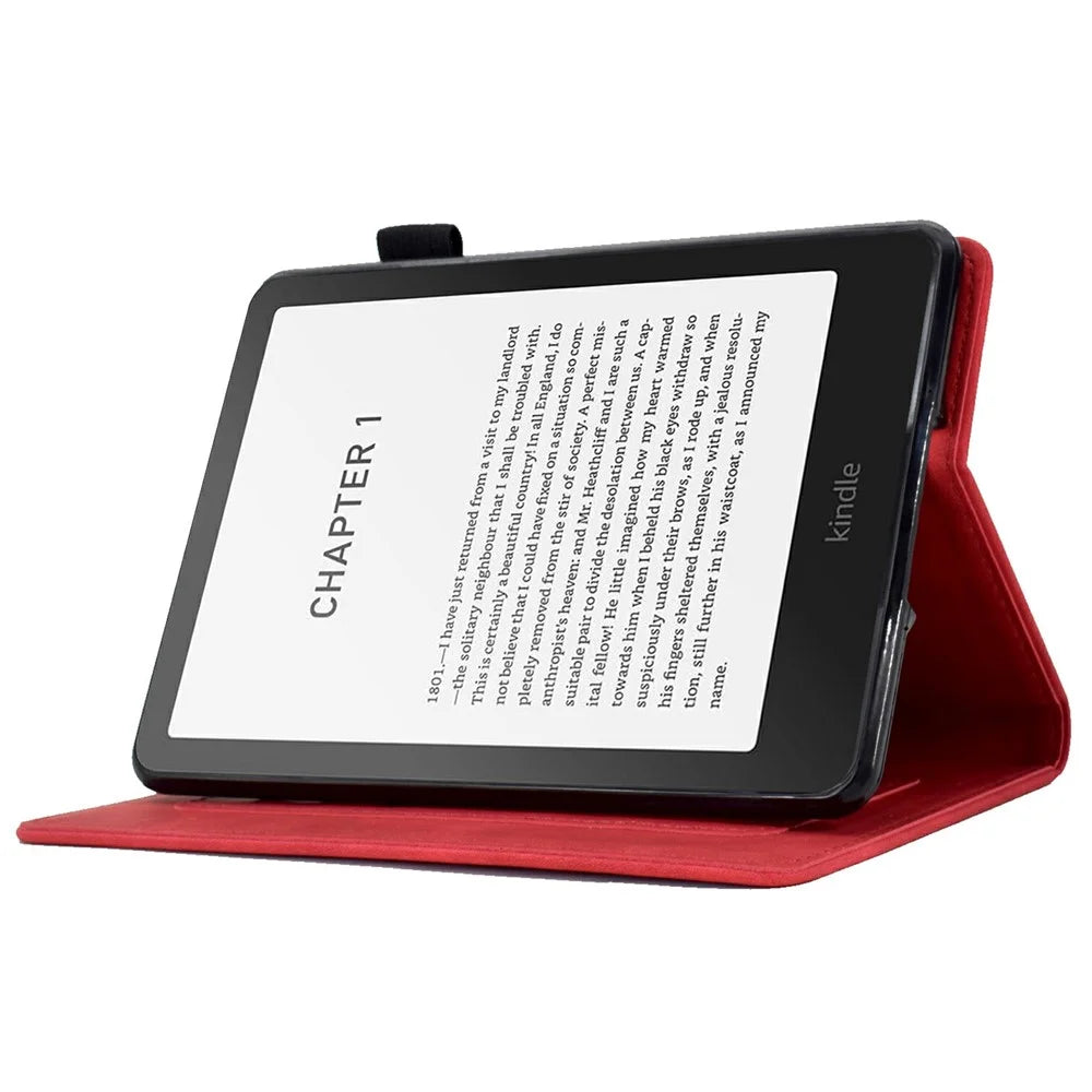 For Amazon Kindle Paperwhite (2024) Case Flower Butterfly Imprinted Card Slots Leather Cover - Red - 3