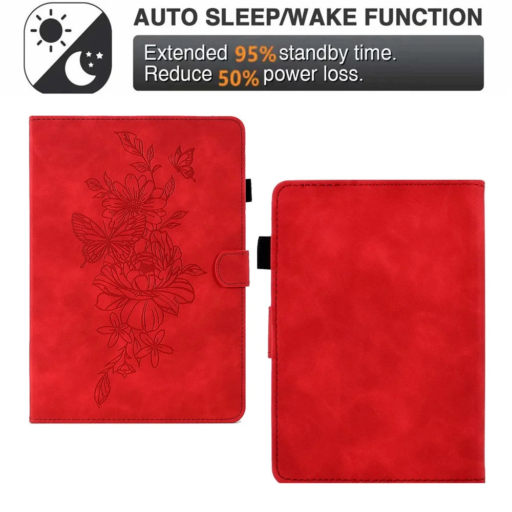 For Amazon Kindle Paperwhite (2024) Case Flower Butterfly Imprinted Card Slots Leather Cover - Red - 5