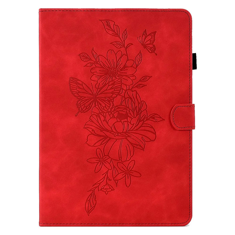 For Amazon Kindle Paperwhite (2024) Case Flower Butterfly Imprinted Card Slots Leather Cover - Red - 7