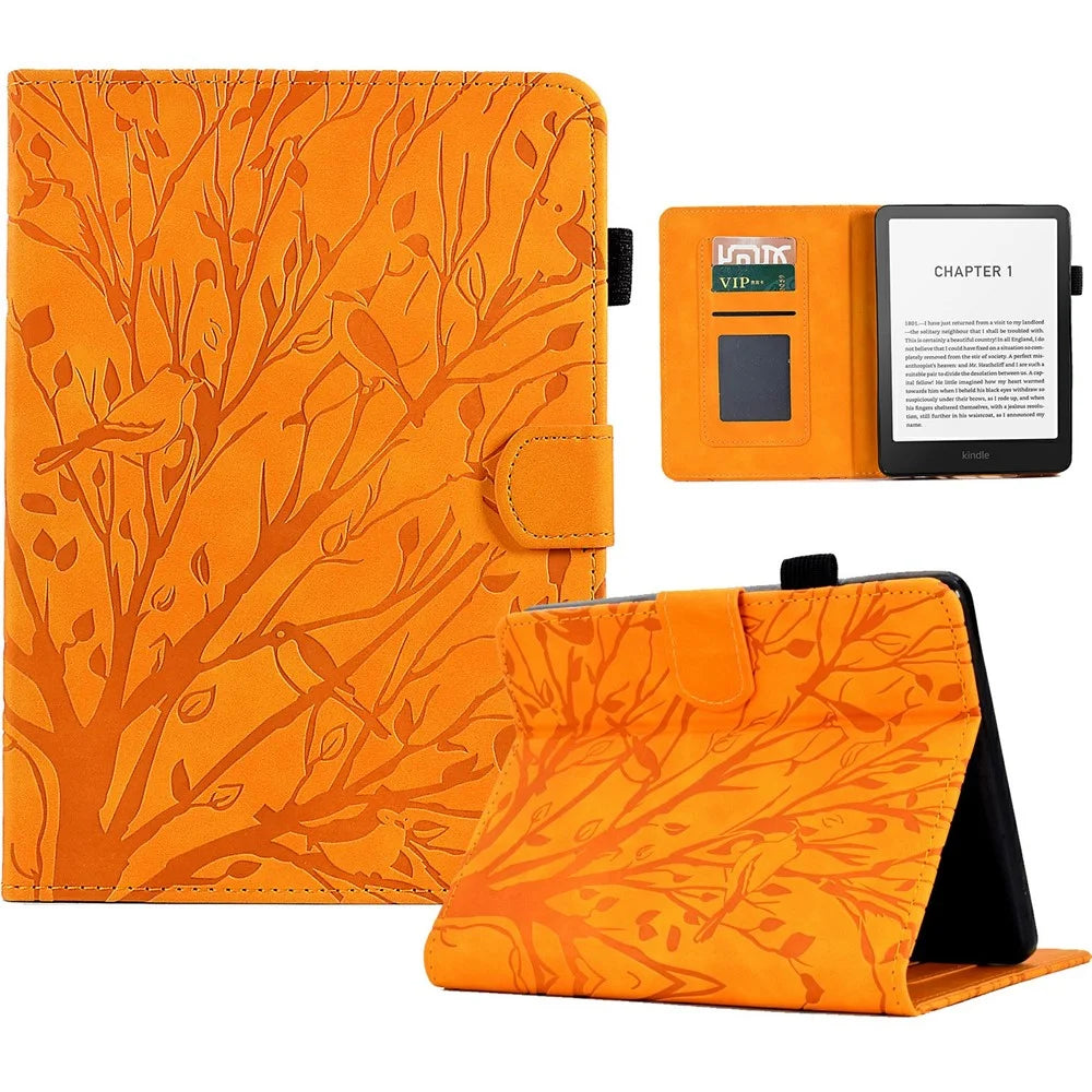 For Amazon Kindle Paperwhite (2024) Leather Case Tree Pattern Card Slots Stand Cover - Khaki - 1