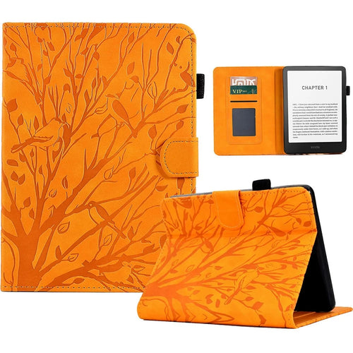 For Amazon Kindle Paperwhite (2024) Leather Case Tree Pattern Card Slots Stand Cover - Khaki - 1