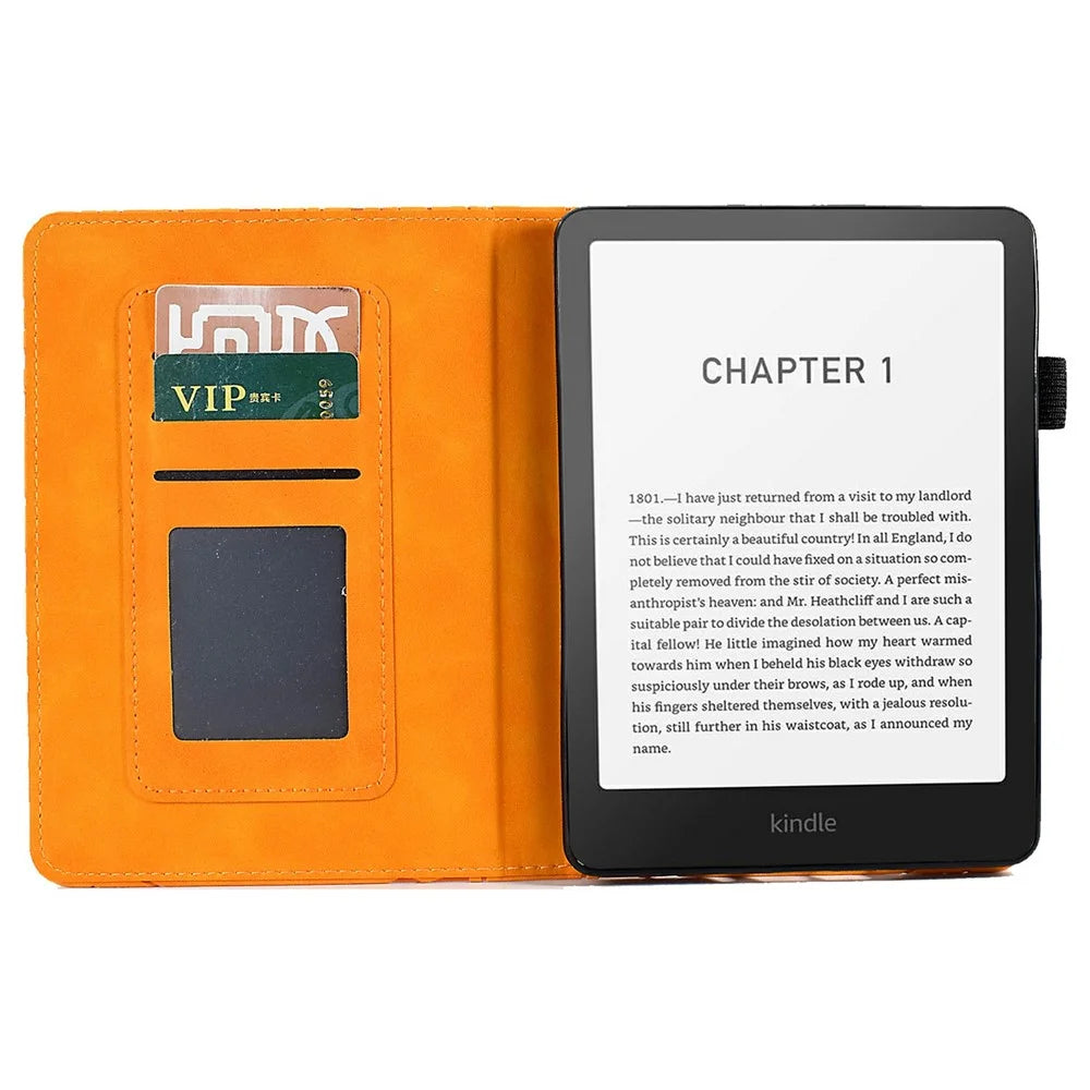 For Amazon Kindle Paperwhite (2024) Leather Case Tree Pattern Card Slots Stand Cover - Khaki - 2