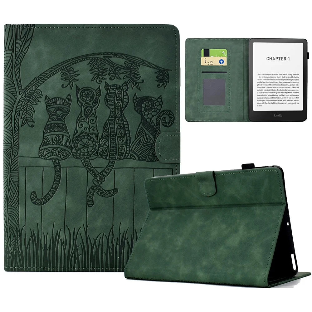 For Amazon Kindle Paperwhite (2024) Case Cats Imprinted PU Leather Card Slots E-Reader Cover - Green - 1
