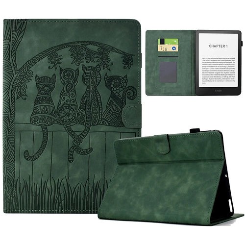 For Amazon Kindle Paperwhite (2024) Case Cats Imprinted PU Leather Card Slots E-Reader Cover - Green - 1