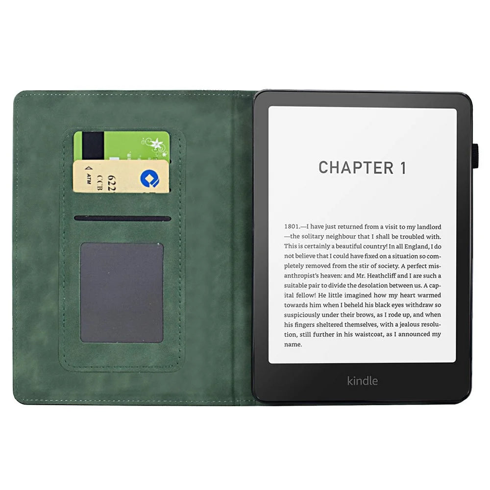 For Amazon Kindle Paperwhite (2024) Case Cats Imprinted PU Leather Card Slots E-Reader Cover - Green - 2