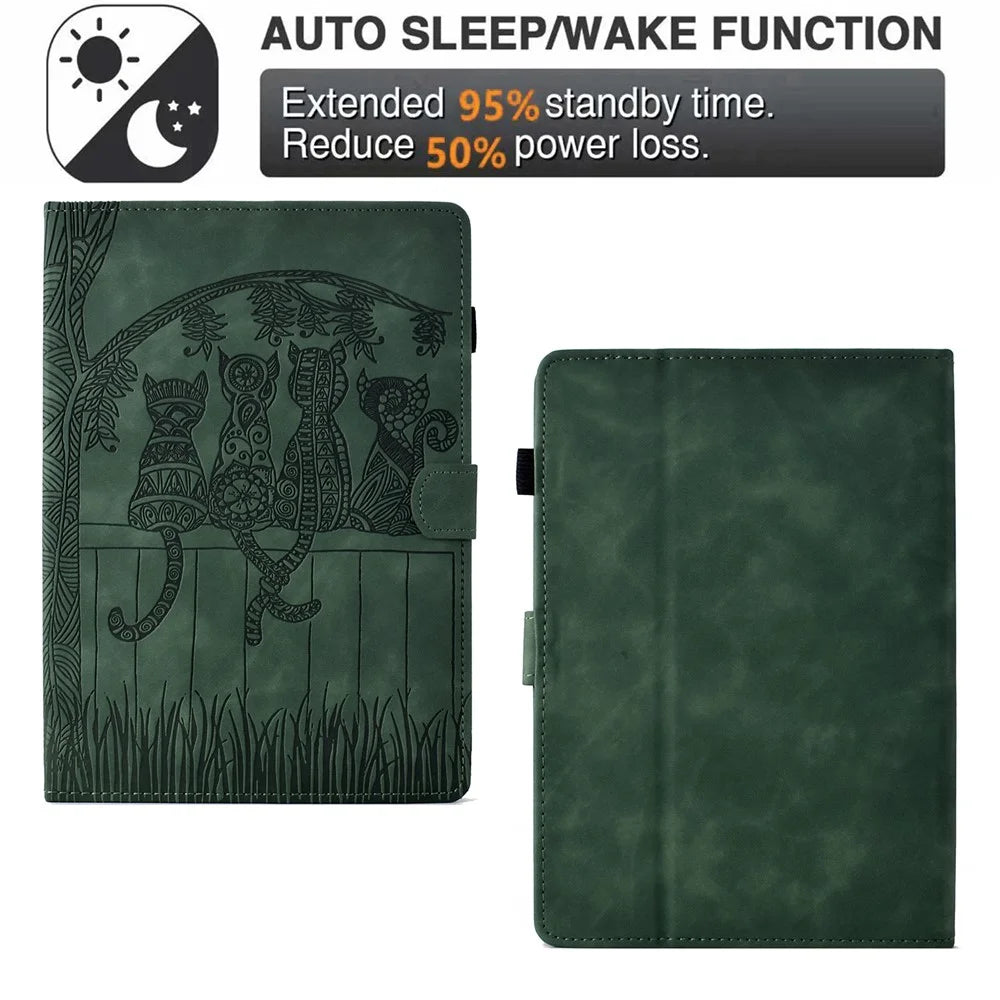 For Amazon Kindle Paperwhite (2024) Case Cats Imprinted PU Leather Card Slots E-Reader Cover - Green - 5