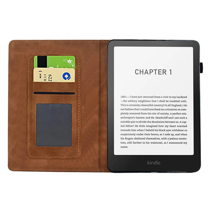 For Amazon Kindle Paperwhite (2024) Case Flower Bird Imprinted Card Holder Leather E-Reader Cover - Brown - 2
