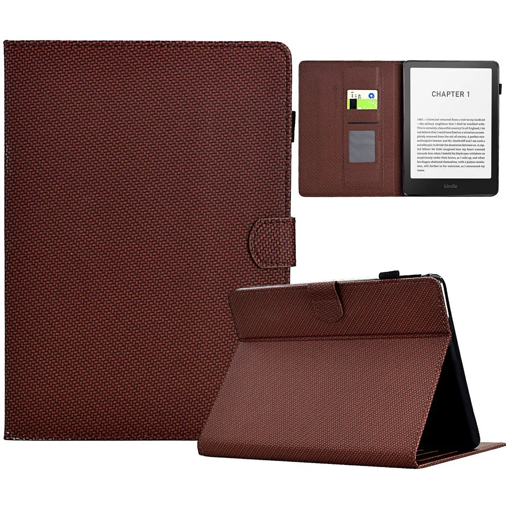 For Amazon Kindle Paperwhite (2024) Case Carbon Fiber Texture PU Leather Cover Stand View - Brown - 1