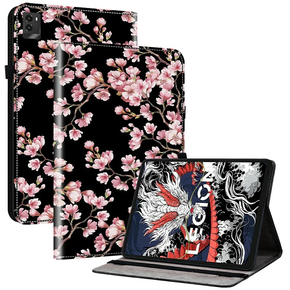 For Lenovo Legion Y700 (2025) Leather Case Pattern Printed Stand Tablet Cover with Card Slots - Plum Blossom - 1