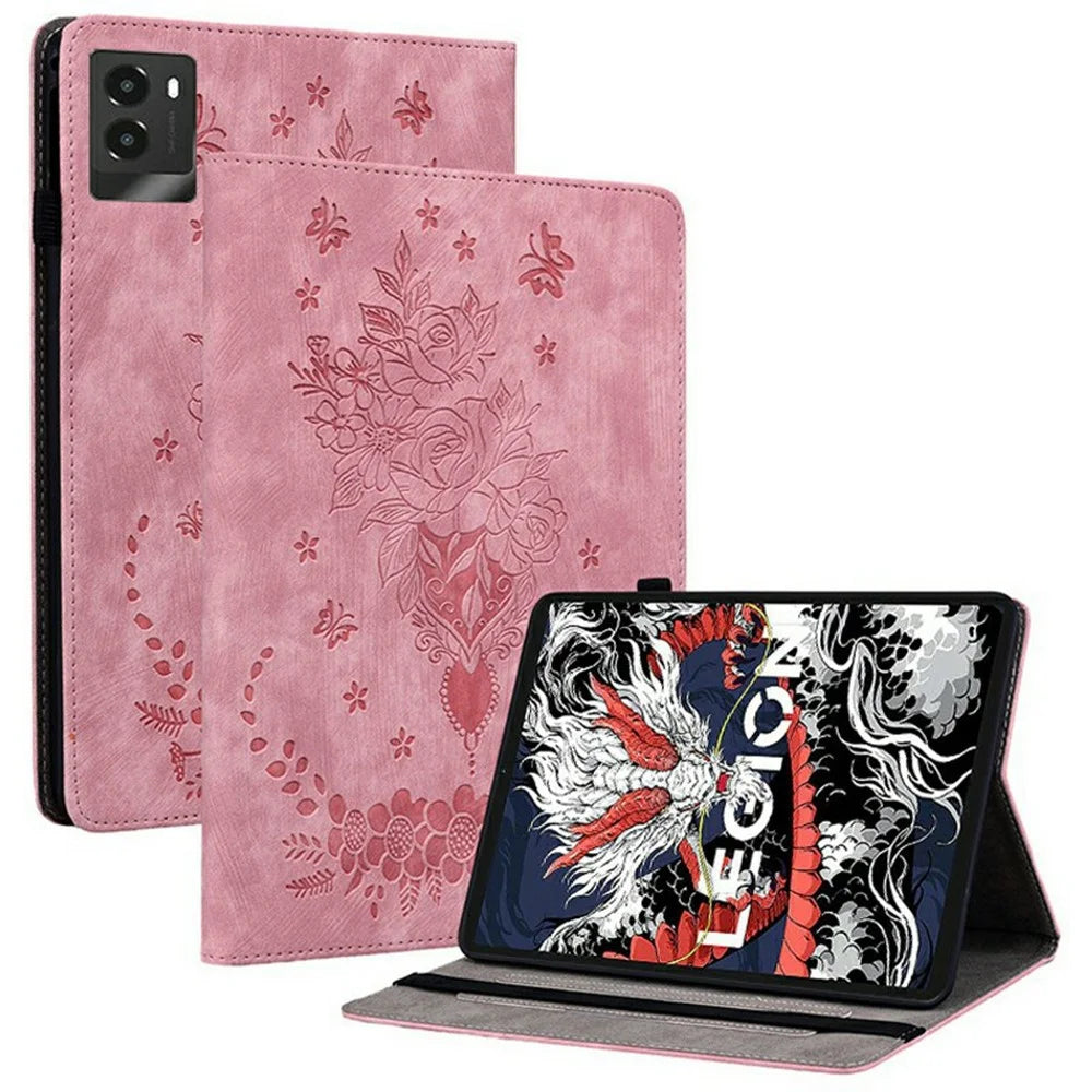 For Lenovo Legion Y700 (2025) Case Card Holder Anti-Scratch Leather Cover Rose Flower Imprint - Pink - 1