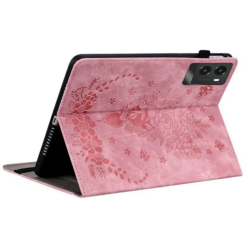 For Lenovo Legion Y700 (2025) Case Card Holder Anti-Scratch Leather Cover Rose Flower Imprint - Pink - 4