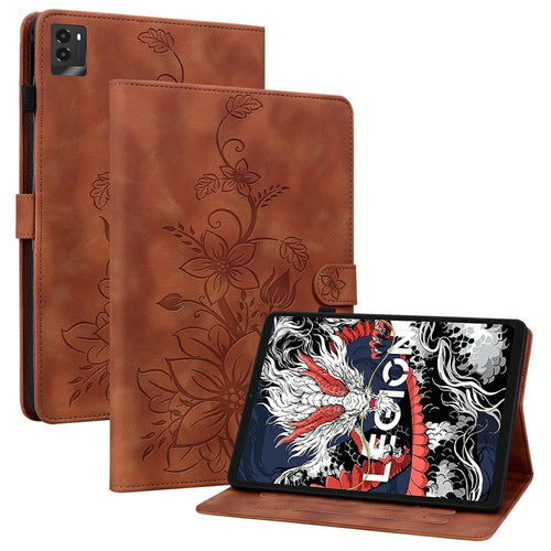 For Lenovo Legion Y700 (2025) Case Lily Flower Imprint Card Slots Leather Tablet Cover - Brown - 1