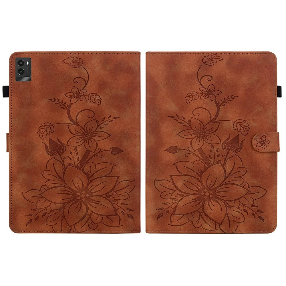 For Lenovo Legion Y700 (2025) Case Lily Flower Imprint Card Slots Leather Tablet Cover - Brown - 7