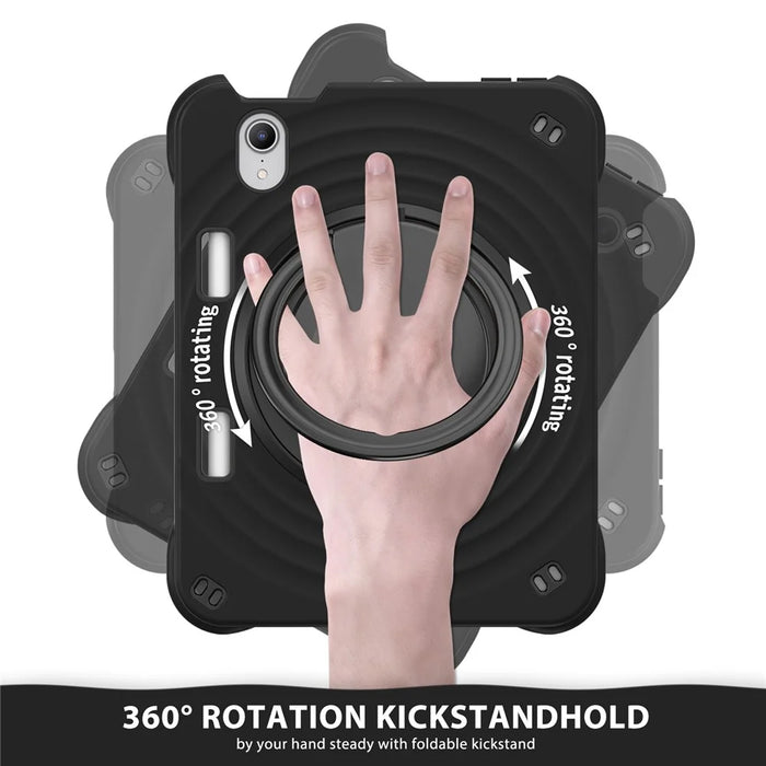For iPad mini (2024) / (2021) Case Rotatable Hand Grip Kickstand PC Silicone TPU Tablet Cover - Black - 2