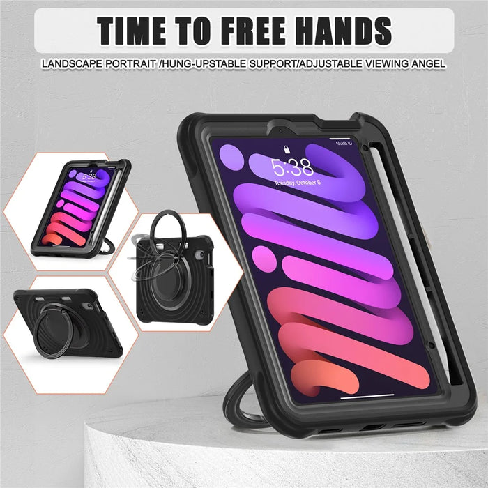 For iPad mini (2024) / (2021) Case Rotatable Hand Grip Kickstand PC Silicone TPU Tablet Cover - Black - 4