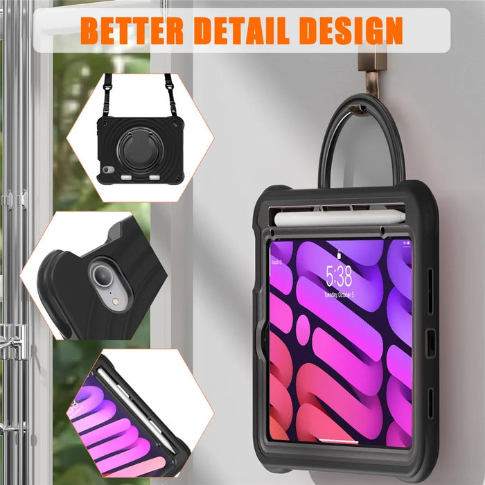 For iPad mini (2024) / (2021) Case Rotatable Hand Grip Kickstand PC Silicone TPU Tablet Cover - Black - 6