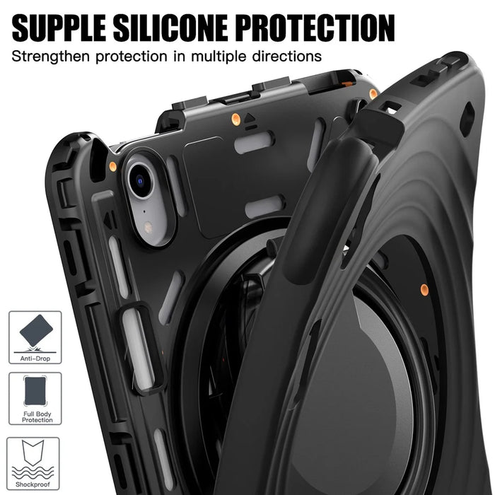 For iPad mini (2024) / (2021) Case Rotatable Hand Grip Kickstand PC Silicone TPU Tablet Cover - Black - 7