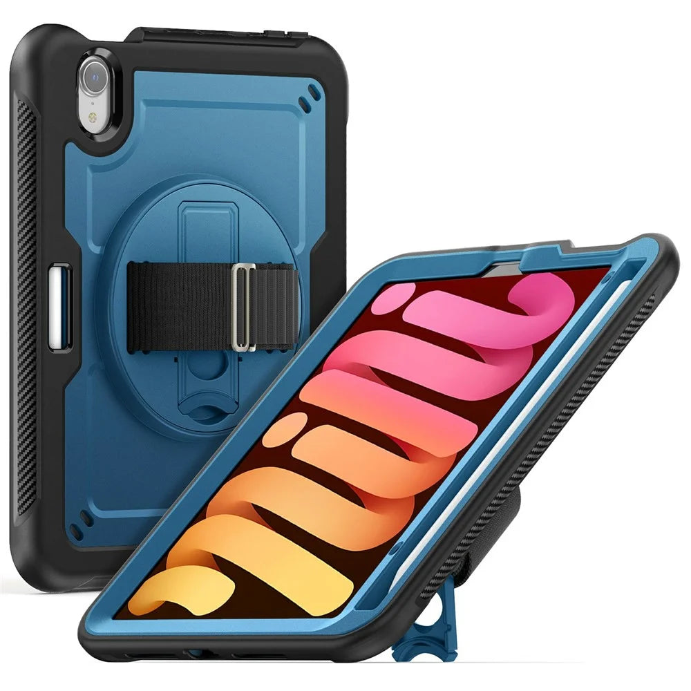 For iPad mini (2024) / (2021) Case Hand Strap Kickstand PC + TPU Tablet Cover with Pencil Holder - Navy Blue - 1
