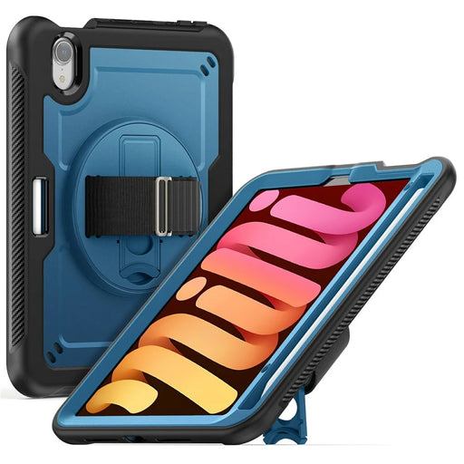 For iPad mini (2024) / (2021) Case Hand Strap Kickstand PC + TPU Tablet Cover with Pencil Holder - Navy Blue - 1