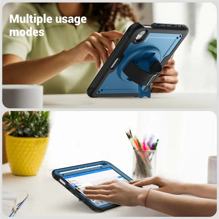 For iPad mini (2024) / (2021) Case Hand Strap Kickstand PC + TPU Tablet Cover with Pencil Holder - Navy Blue - 6