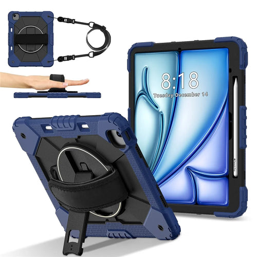 For iPad Air 13 (2026) / (2025) / (2024) Case Silicone + PC Kickstand Tablet Cover with Handy Strap, Shoulder Strap - Navy Blue / Black - 1
