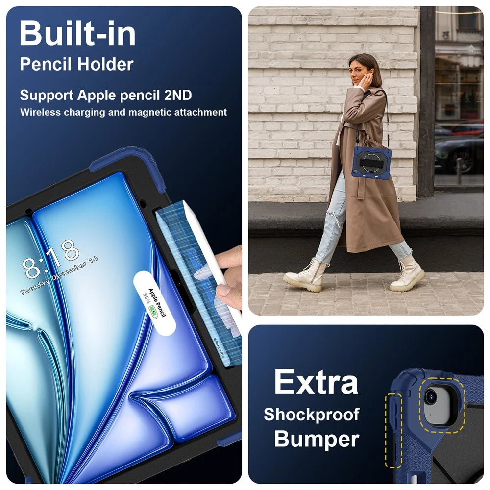 For iPad Air 13 (2026) / (2025) / (2024) Case Silicone + PC Kickstand Tablet Cover with Handy Strap, Shoulder Strap - Navy Blue / Black - 2