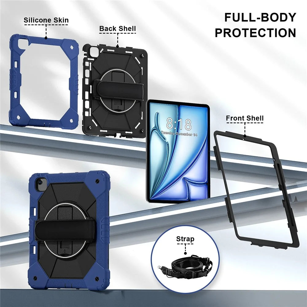 For iPad Air 13 (2026) / (2025) / (2024) Case Silicone + PC Kickstand Tablet Cover with Handy Strap, Shoulder Strap - Navy Blue / Black - 3