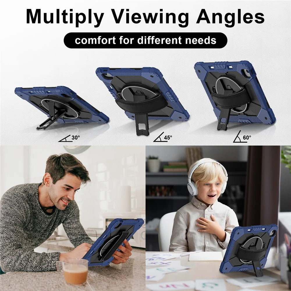 For iPad Air 13 (2026) / (2025) / (2024) Case Silicone + PC Kickstand Tablet Cover with Handy Strap, Shoulder Strap - Navy Blue / Black - 6