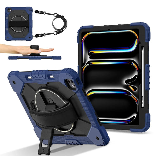 For iPad Pro 13 (2025) / 13 (2024) Case Silicone + PC Kickstand Tablet Cover with Handy Strap, Shoulder Strap - Navy Blue / Black - 1