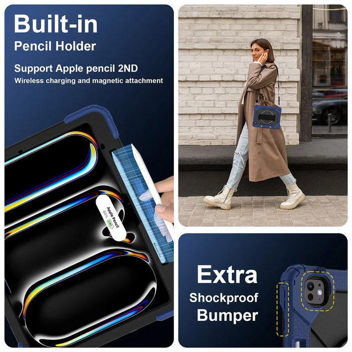 For iPad Pro 13 (2025) / 13 (2024) Case Silicone + PC Kickstand Tablet Cover with Handy Strap, Shoulder Strap - Navy Blue / Black - 2