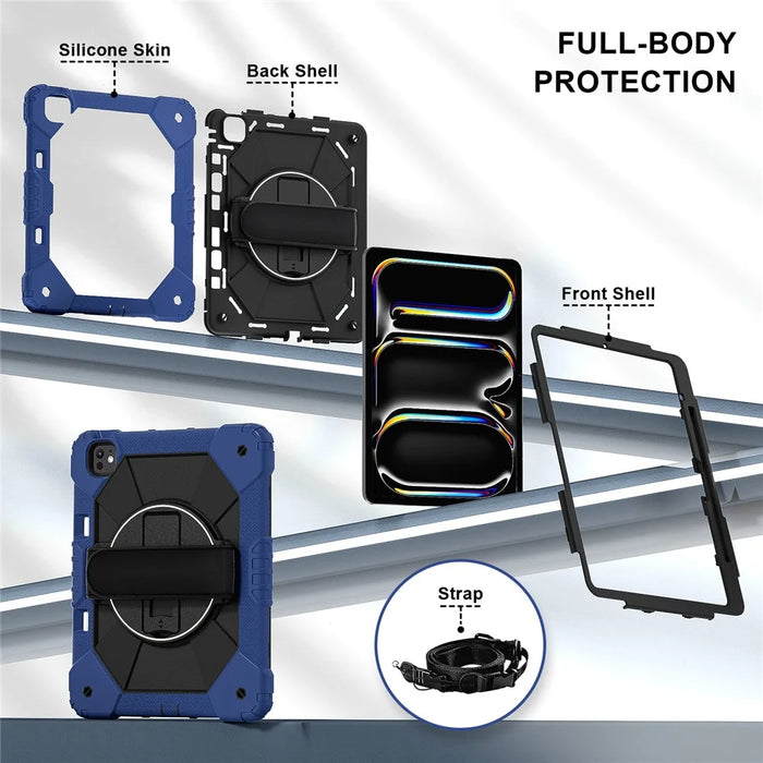For iPad Pro 13 (2025) / 13 (2024) Case Silicone + PC Kickstand Tablet Cover with Handy Strap, Shoulder Strap - Navy Blue / Black - 3