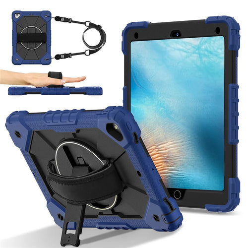Tablet Case For iPad 9.7-inch (2018) / (2017) / Air 2 Silicone + PC Kickstand Cover with Handy Strap, Shoulder Strap - Navy Blue / Black - 1