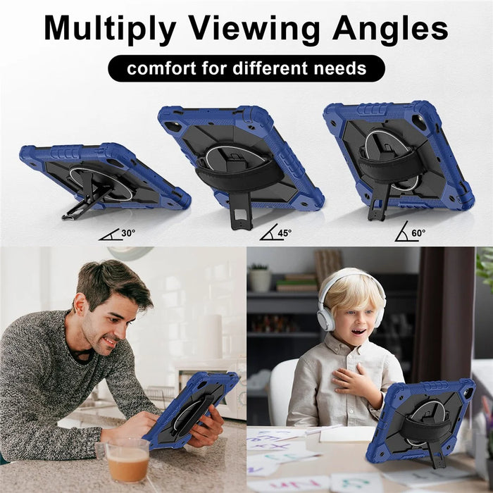 Tablet Case For iPad 9.7-inch (2018) / (2017) / Air 2 Silicone + PC Kickstand Cover with Handy Strap, Shoulder Strap - Navy Blue / Black - 5
