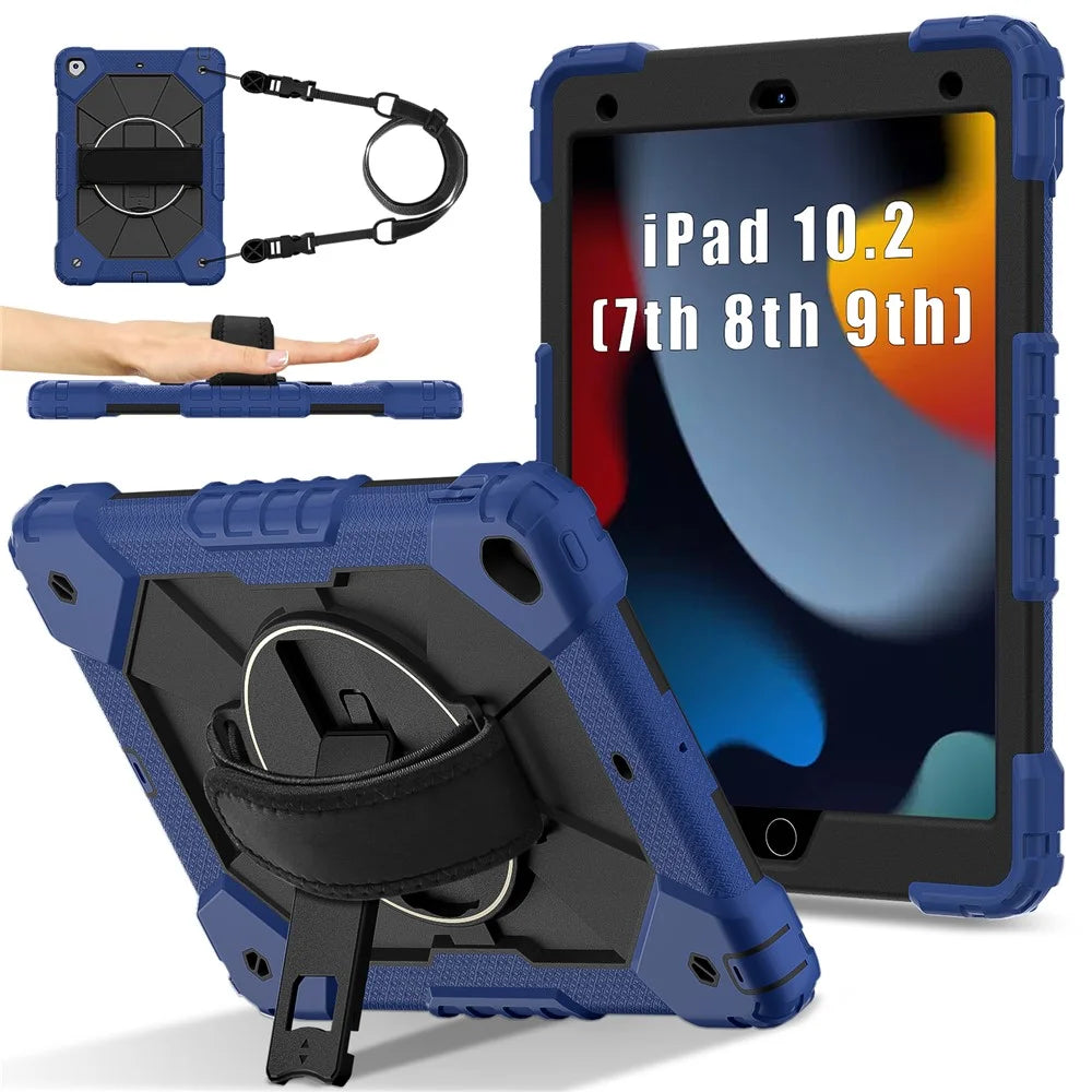 Tablet Case For iPad 10.2 (2021) / (2020) / (2019) Silicone + PC Kickstand Cover with Handy Strap, Shoulder Strap - Blue / Black - 1