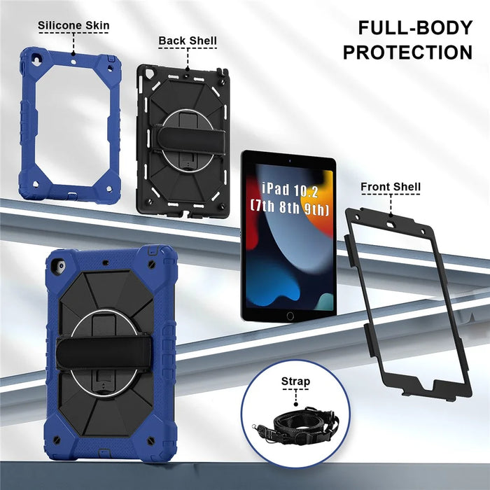 Tablet Case For iPad 10.2 (2021) / (2020) / (2019) Silicone + PC Kickstand Cover with Handy Strap, Shoulder Strap - Blue / Black - 2