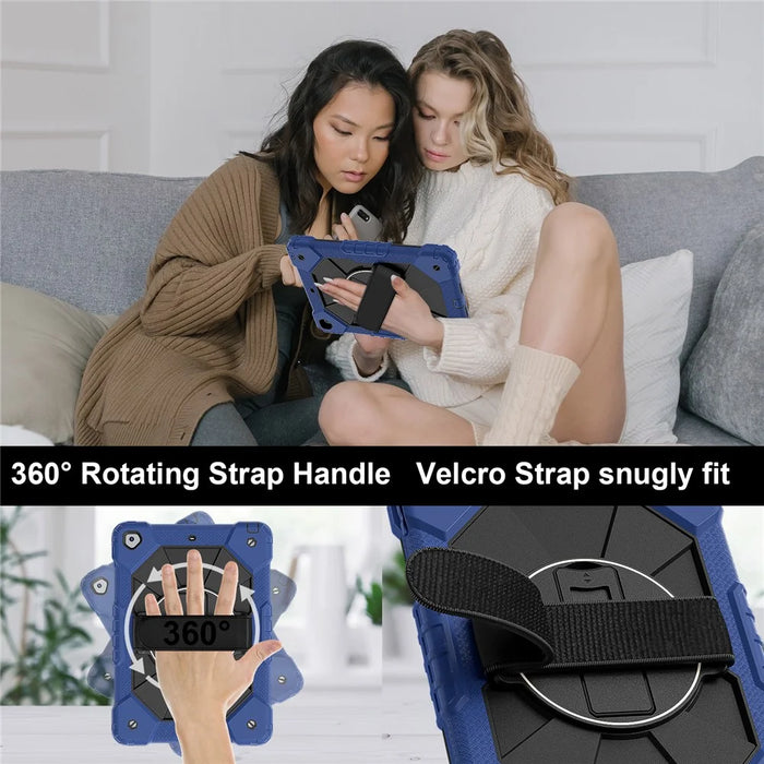 Tablet Case For iPad 10.2 (2021) / (2020) / (2019) Silicone + PC Kickstand Cover with Handy Strap, Shoulder Strap - Blue / Black - 4
