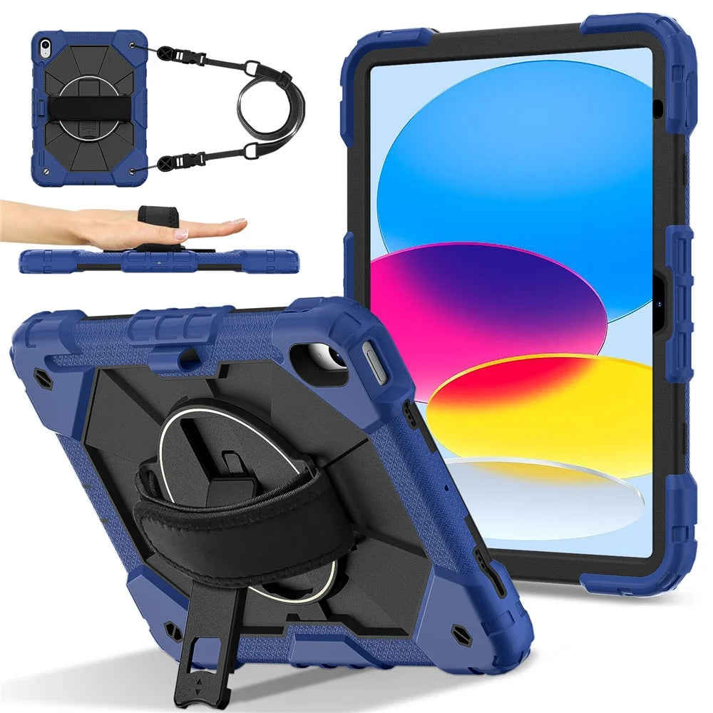 For iPad (2025) / 10.9 (2022) Case Silicone + PC Kickstand Tablet Cover with Handy Strap, Shoulder Strap - Navy Blue / Black - 1