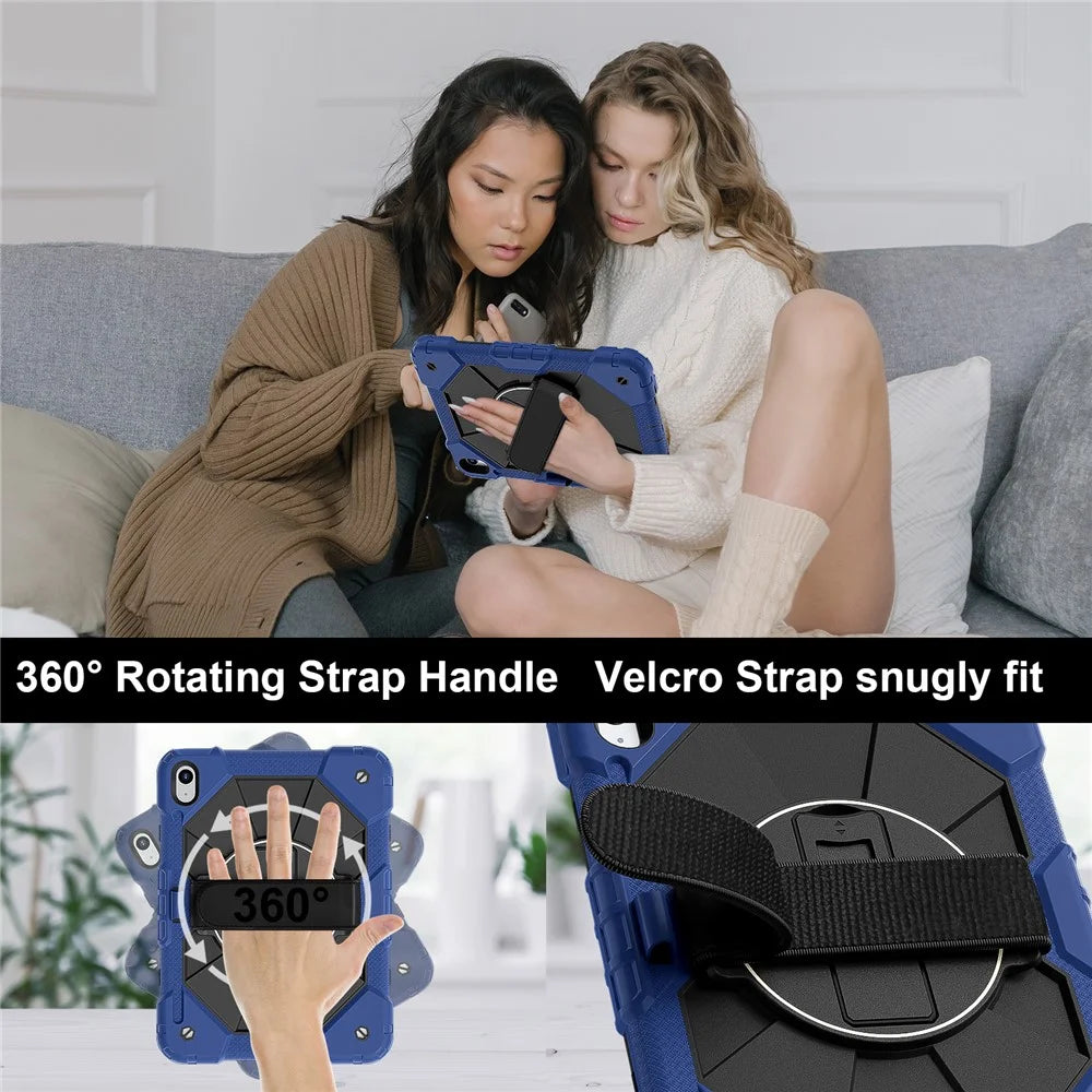 For iPad (2025) / 10.9 (2022) Case Silicone + PC Kickstand Tablet Cover with Handy Strap, Shoulder Strap - Navy Blue / Black - 2