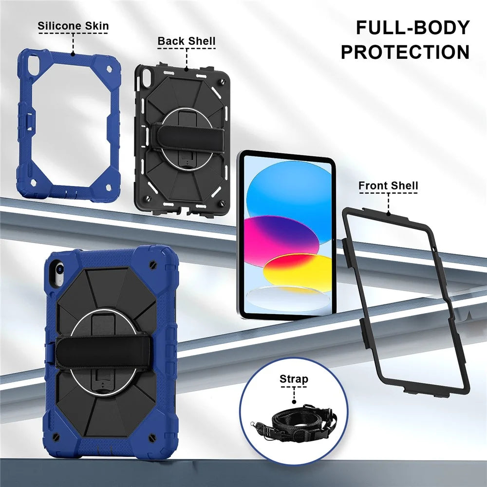 For iPad (2025) / 10.9 (2022) Case Silicone + PC Kickstand Tablet Cover with Handy Strap, Shoulder Strap - Navy Blue / Black - 6