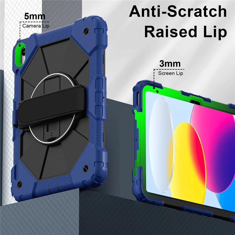 For iPad (2025) / 10.9 (2022) Case Silicone + PC Kickstand Tablet Cover with Handy Strap, Shoulder Strap - Navy Blue / Black - 7