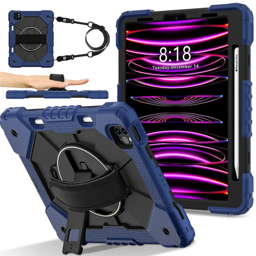 Tablet Case For iPad Pro 11 (2022) / (2021) / (2020) / (2018) / iPad Air (2022) / (2020) Silicone + PC Kickstand Cover with Strap - Blue / Black - 1