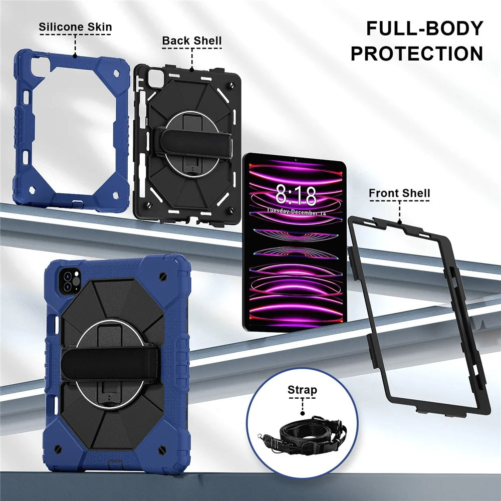 Tablet Case For iPad Pro 11 (2022) / (2021) / (2020) / (2018) / iPad Air (2022) / (2020) Silicone + PC Kickstand Cover with Strap - Blue / Black - 3