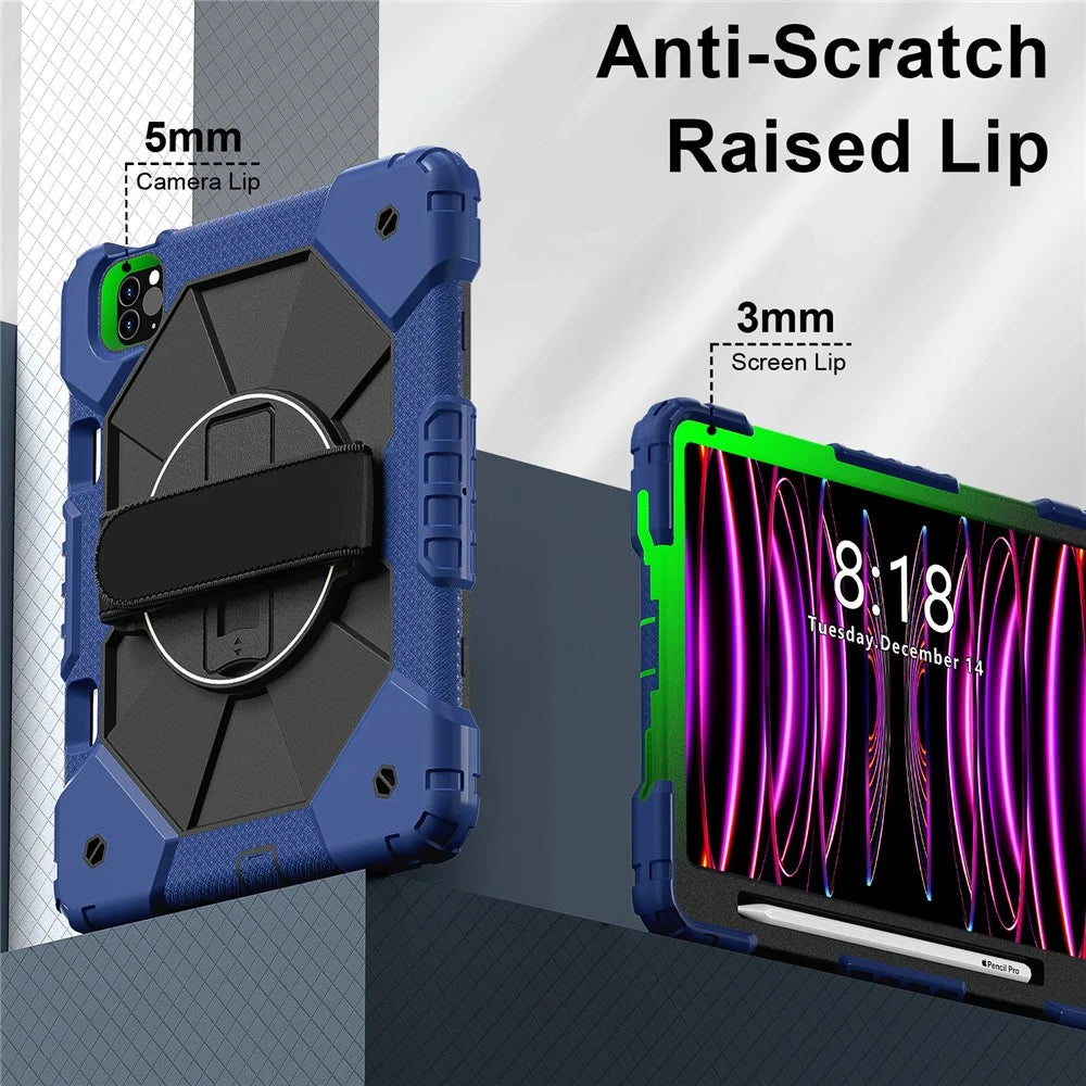 Tablet Case For iPad Pro 11 (2022) / (2021) / (2020) / (2018) / iPad Air (2022) / (2020) Silicone + PC Kickstand Cover with Strap - Blue / Black - 4