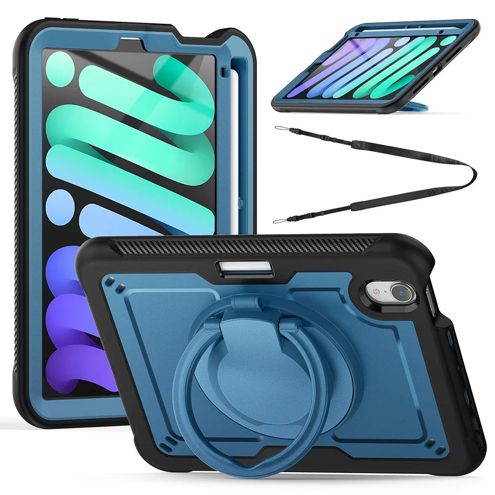 For iPad mini (2024)  /  (2021) Case Rotating Kickstand PC + TPU Shockproof Tablet Cover with Shoulder Strap - Navy Blue - 1