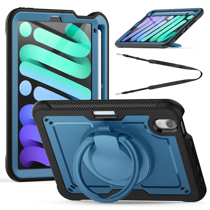 For iPad mini (2024)  /  (2021) Case Rotating Kickstand PC + TPU Shockproof Tablet Cover with Shoulder Strap - Navy Blue - 1