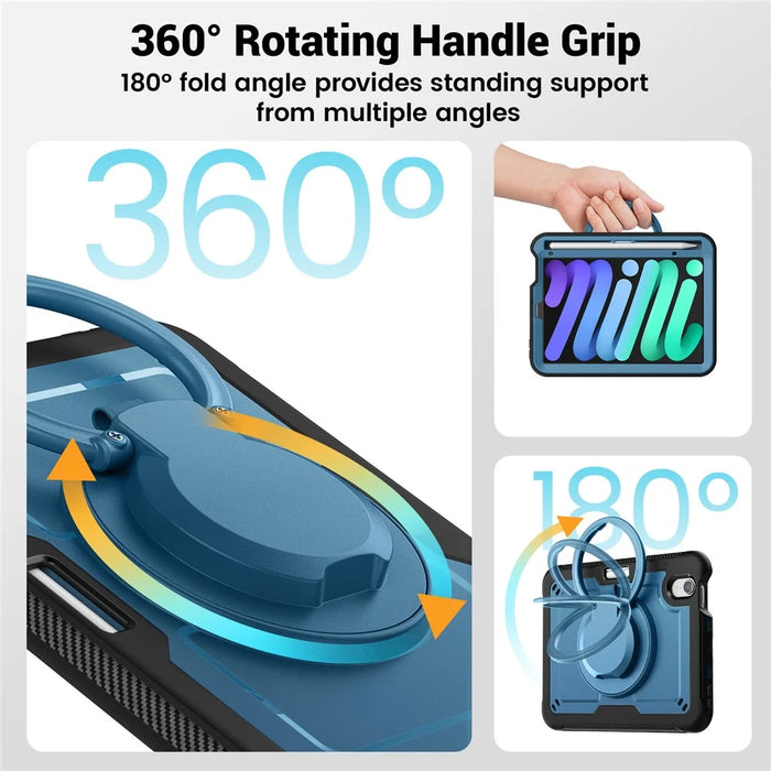 For iPad mini (2024)  /  (2021) Case Rotating Kickstand PC + TPU Shockproof Tablet Cover with Shoulder Strap - Navy Blue - 5