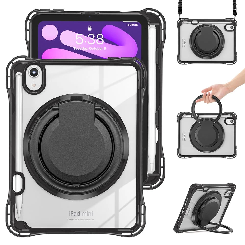 For iPad mini (2024) / (2021) Case with Shoulder Strap Kickstand PC TPU Acrylic Tablet Cover - Black - 1