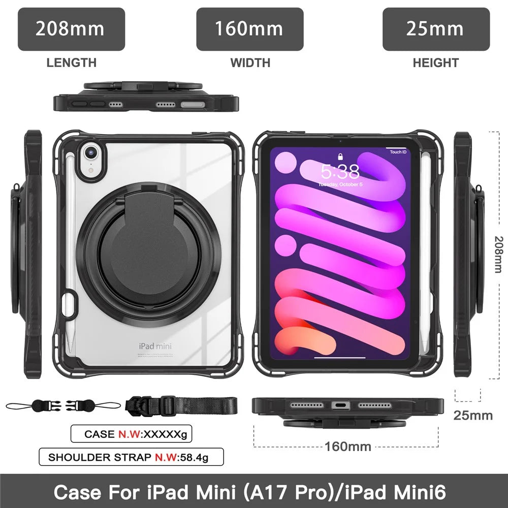 For iPad mini (2024) / (2021) Case with Shoulder Strap Kickstand PC TPU Acrylic Tablet Cover - Black - 6