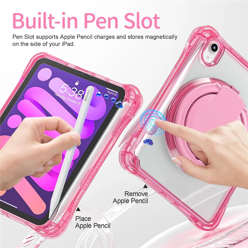 For iPad mini (2024) / mini (2021) Case Rotary Kickstand PC TPU Acrylic Tablet Cover - Rose - 5