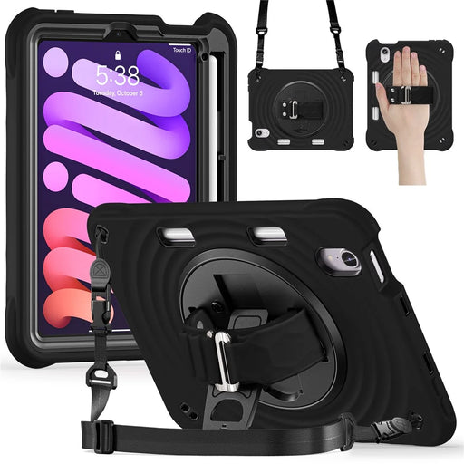 For iPad mini (2024) / (2021) Case with Shoulder Strap Kickstand PC + Silicone + TPU Tablet Cover - Black - 1